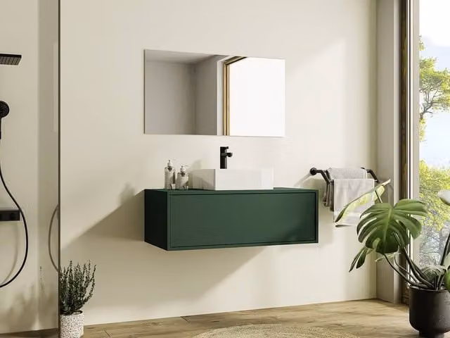 Vente-unique Matt Green Wall-Hung Bathroom Vanity Unit with Single Square White Basin W/D/H: 94 x 47 x 37 cm