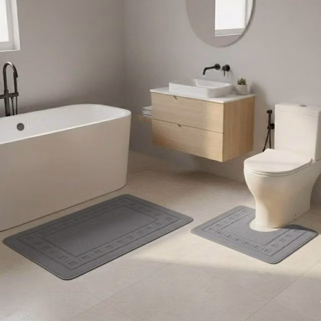 Snug City 2 Piece Box Design Bath Mat Set in Grey, Non-Slip and Absorbent, W: 80 cm x D: 50 cm – 1