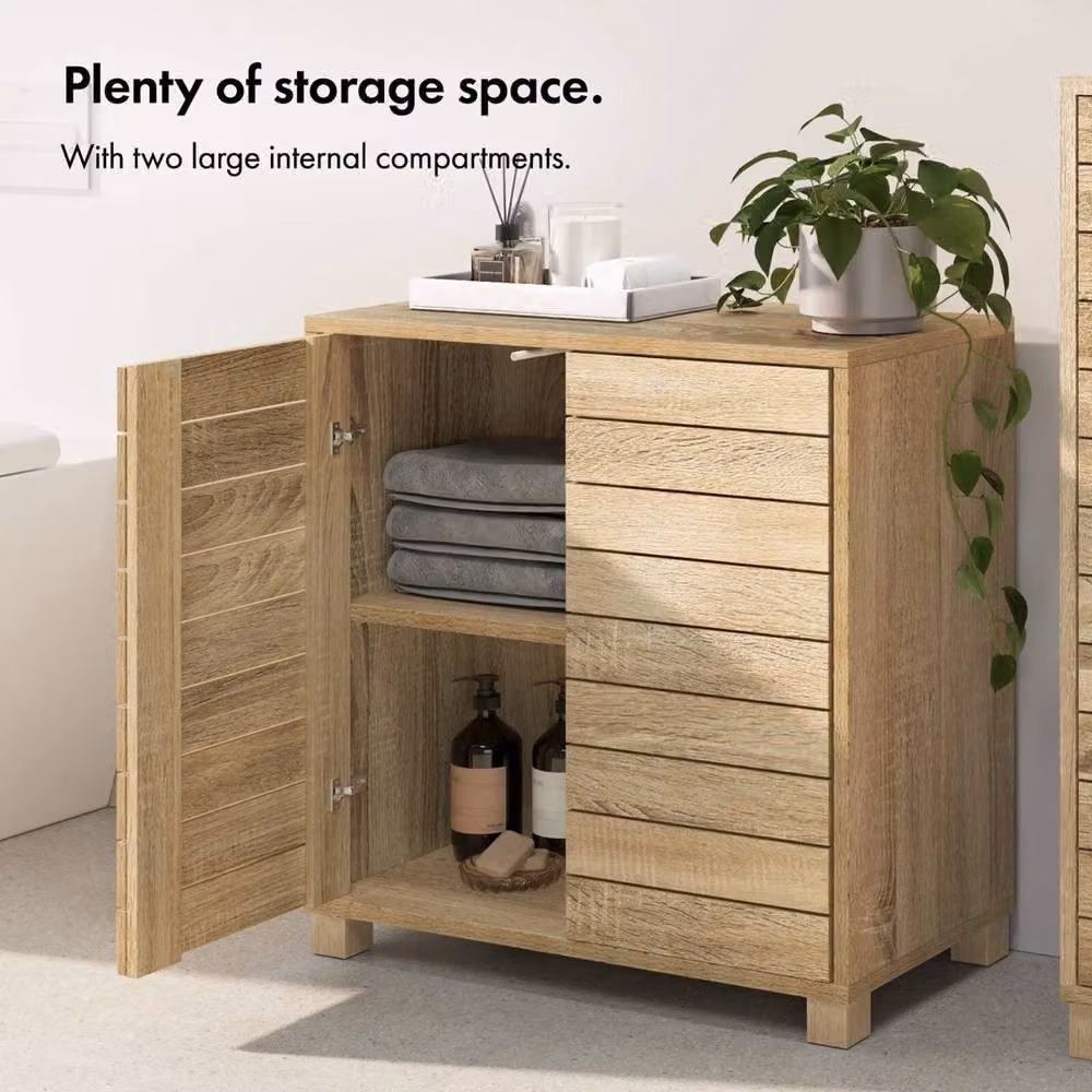 VonHaus Freestanding Bathroom Storage Cabinet in Beige Rustic Wood Effect with Hinged Doors and Internal Shelves, W: 60 cm, D: 30 cm, H: 60 cm – 3