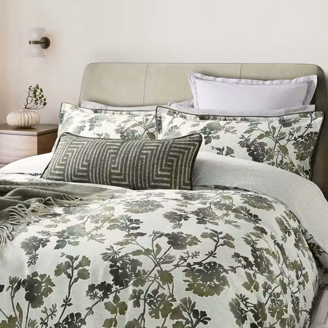 Bedeck of Belfast Yoko Green Floral Mako Satin Cotton Kingsize Duvet Cover Set, W: 180 cm, L: 200 cm
