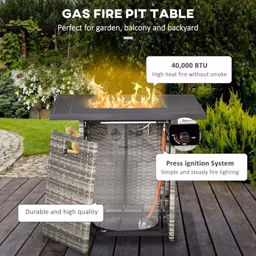 Outsunny PE Rattan Gas Fire Pit Table with Lava Stone in Grey, W/D/H: 71 x 71 x 63 cm – 3