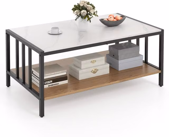 Costway 2 Tier White Ceramic and Metal Industrial Centre Table with Abstract Stone Design