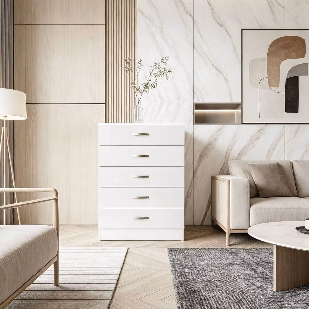 Ventryn High Gloss 5 Drawer Tall Wide Chest of Drawers in White – 4