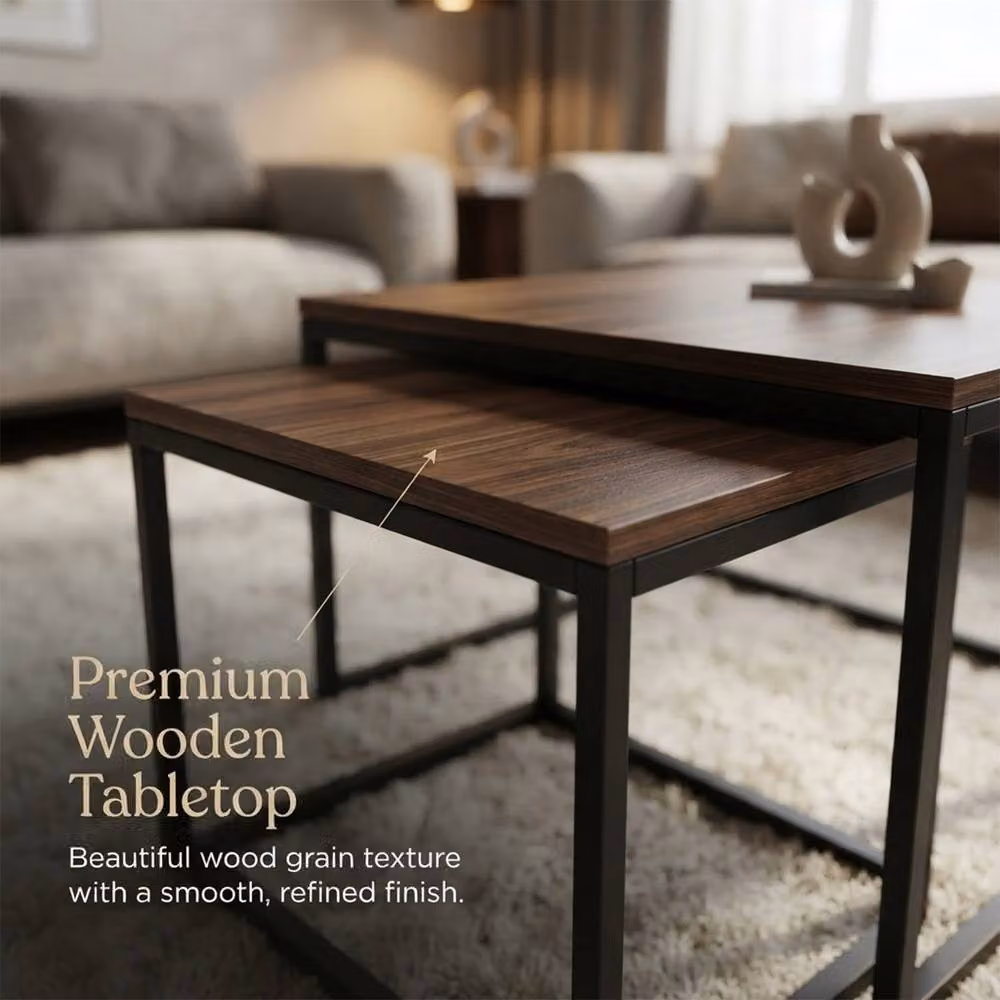 Alivio 3-Piece Industrial Nesting Coffee Table Set with Wood Tops and Black Metal Sled Base, Brown – 6