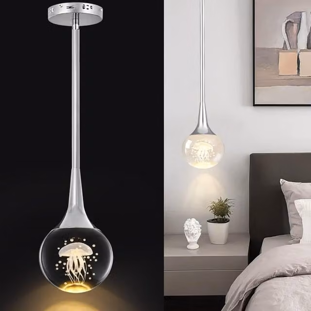 Garwarm Chrome Crystal Jellyfish LED Pendant Light with Silver Metal Rod