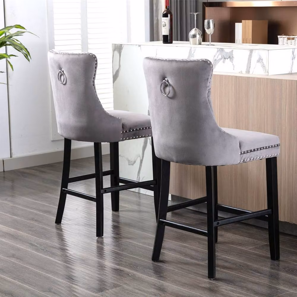 Modern Home Touch Romsey Velvet Kitchen Breakfast Barstools with Oak Wooden Legs and Knocker Ring Back in Grey – 4