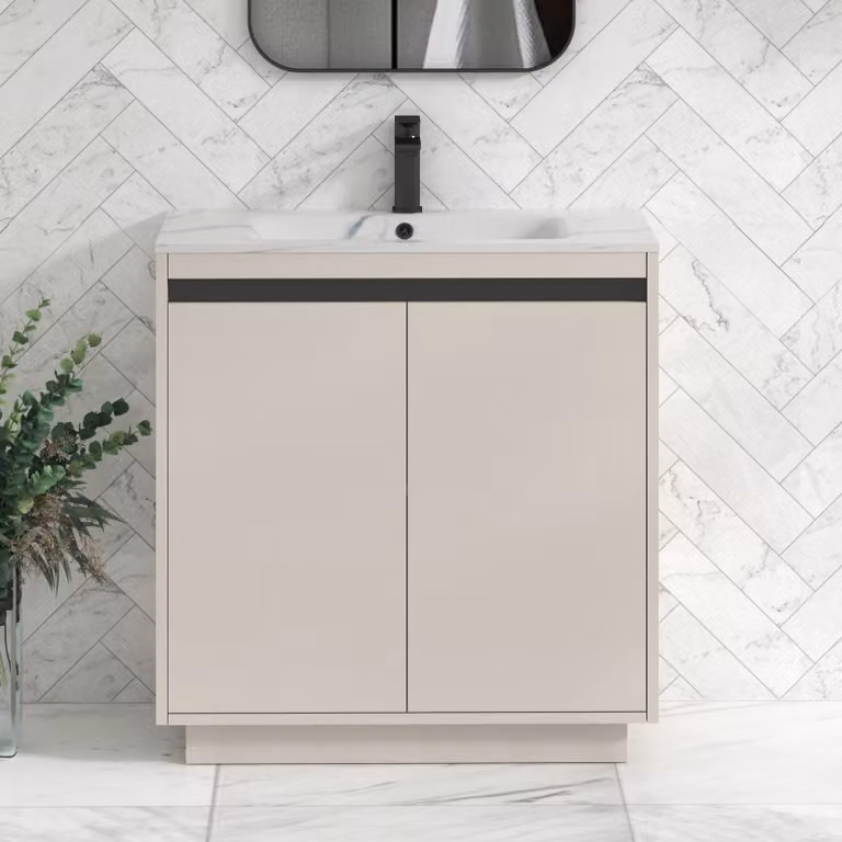 Royal Bathrooms Orion 800mm Floor Standing 2 Door Vanity Unit in Warm Taupe with Carrara White Basin and Black Accent Trim