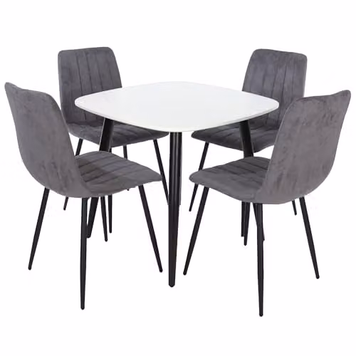 Core Products Aspen Casual Dining Set with Square White Wood Table and Four Grey Upholstered Fabric Chairs with Black Metal Legs – 2