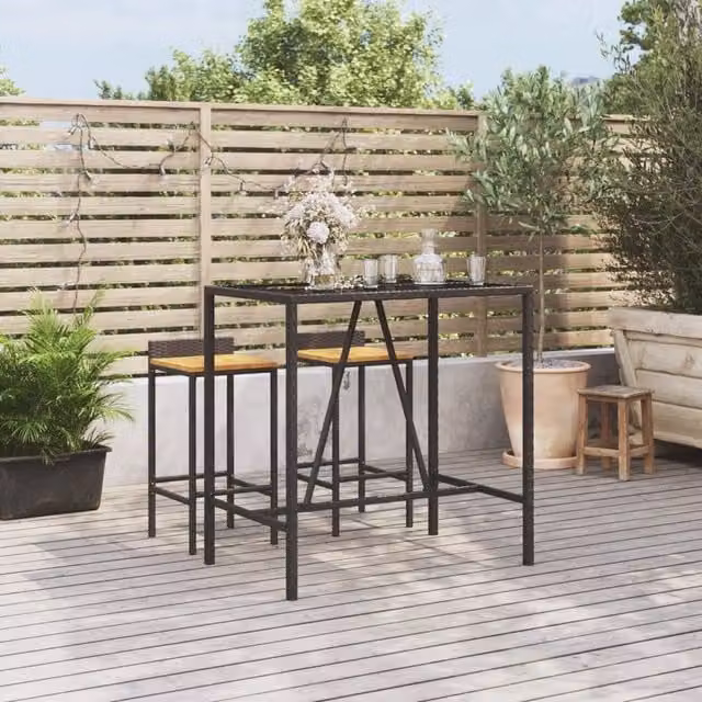 Berkfield Home Bar Table with Glass Top in Black Poly Rattan, W/D/H: 110 x 70 x 110 cm