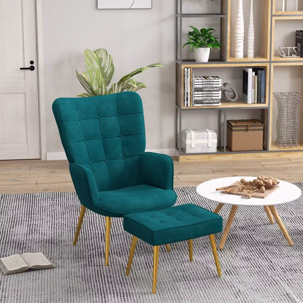 STILVORA Green Velvet Wingback Armchair with Matching Ottoman and Metal Frame – 2