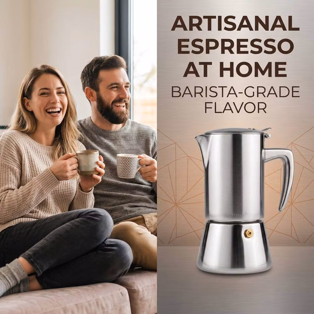Crystals Stainless Steel 4 Cup Espresso Maker Stovetop Moka Pot in Metallic Silver, 200ml – 7