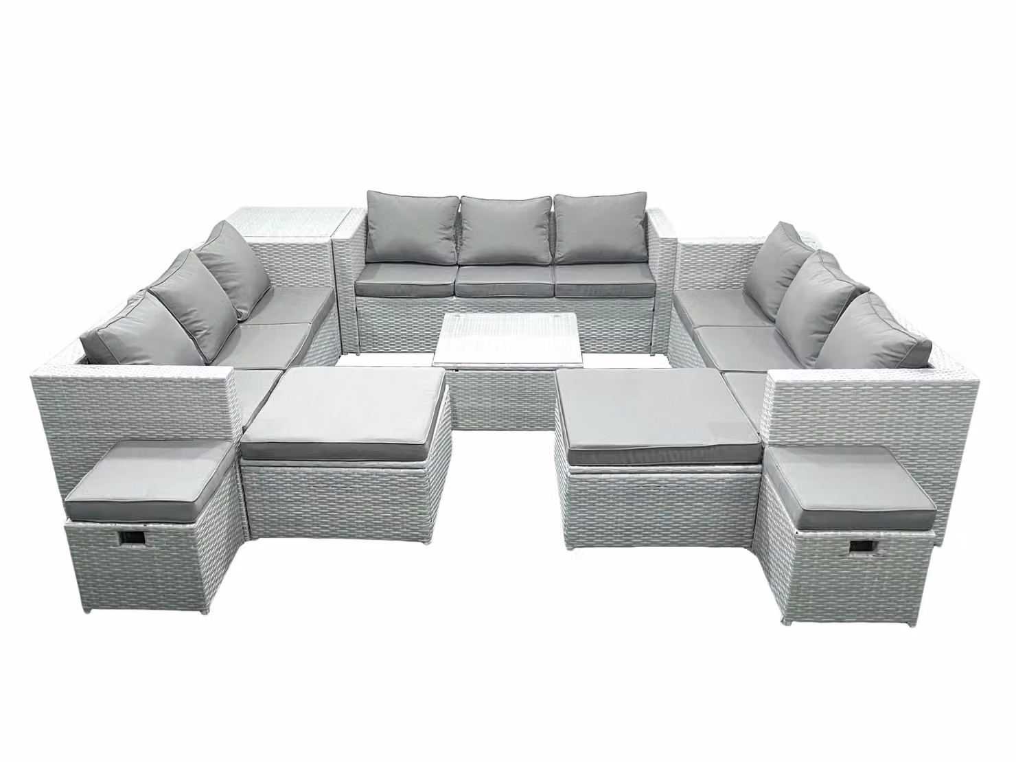 Fimous Garden 14 Seater Rattan Outdoor Furniture Set with Side Table and 4 Footstools in Light Grey – 2