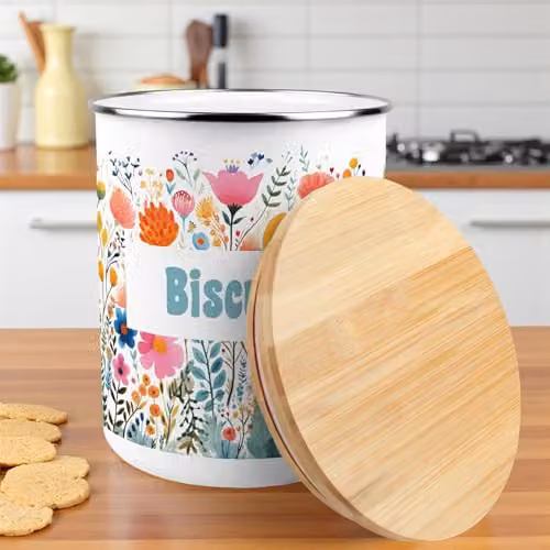 Purely Home Floral Enamel Biscuit Tin with Bamboo Lid, Multicolour, 2.7 l – 2