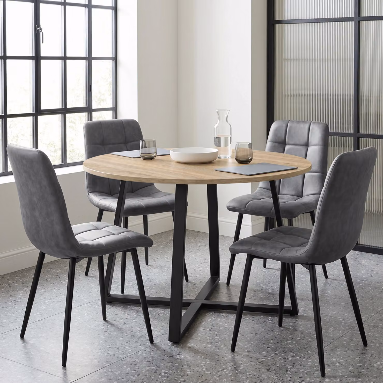Kyvon Round Dining Table Set with 4 Chairs in Sonoma Oak Effect and Grey Suede Leather, W/D/H: 110 x 110 x 75 cm