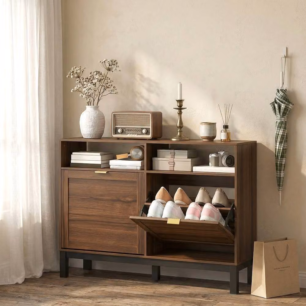 STILVORA Modern Shoe Cabinet in Brown with Tilting Compartments and Open Shelves – 6