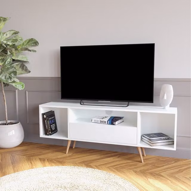 Bimossa Rima Scandinavian Style White Matt Wood TV Stand, Width: 150 cm