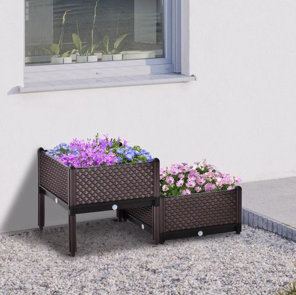 STILVORA Set of 2 Self-Watering Raised Plastic Planters in Brown, W/D/H: 48.0 x 46.5 x 50.0 cm – 2
