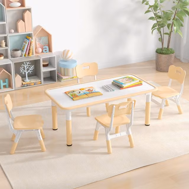 Costway Modern Kids Table and 4 Chairs Set in Brown and White with Height-Adjustable Design