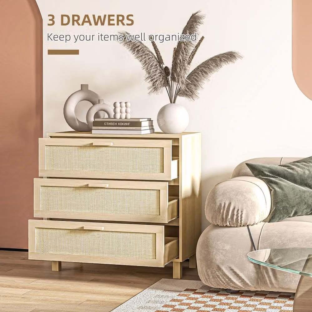 STILVORA 3 Drawer Freestanding Storage Unit with Rattan Panels in Beige – 3