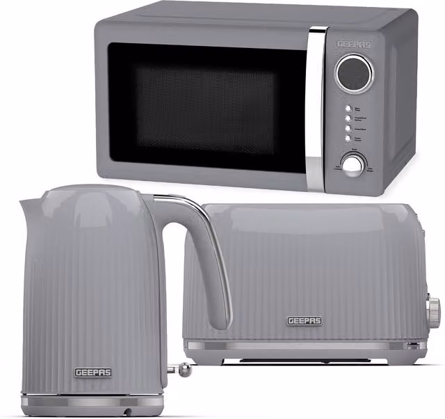 Geepas Grey Fluted Kettle 1.7L, Toaster Set and 20L Digital Microwave Bundle