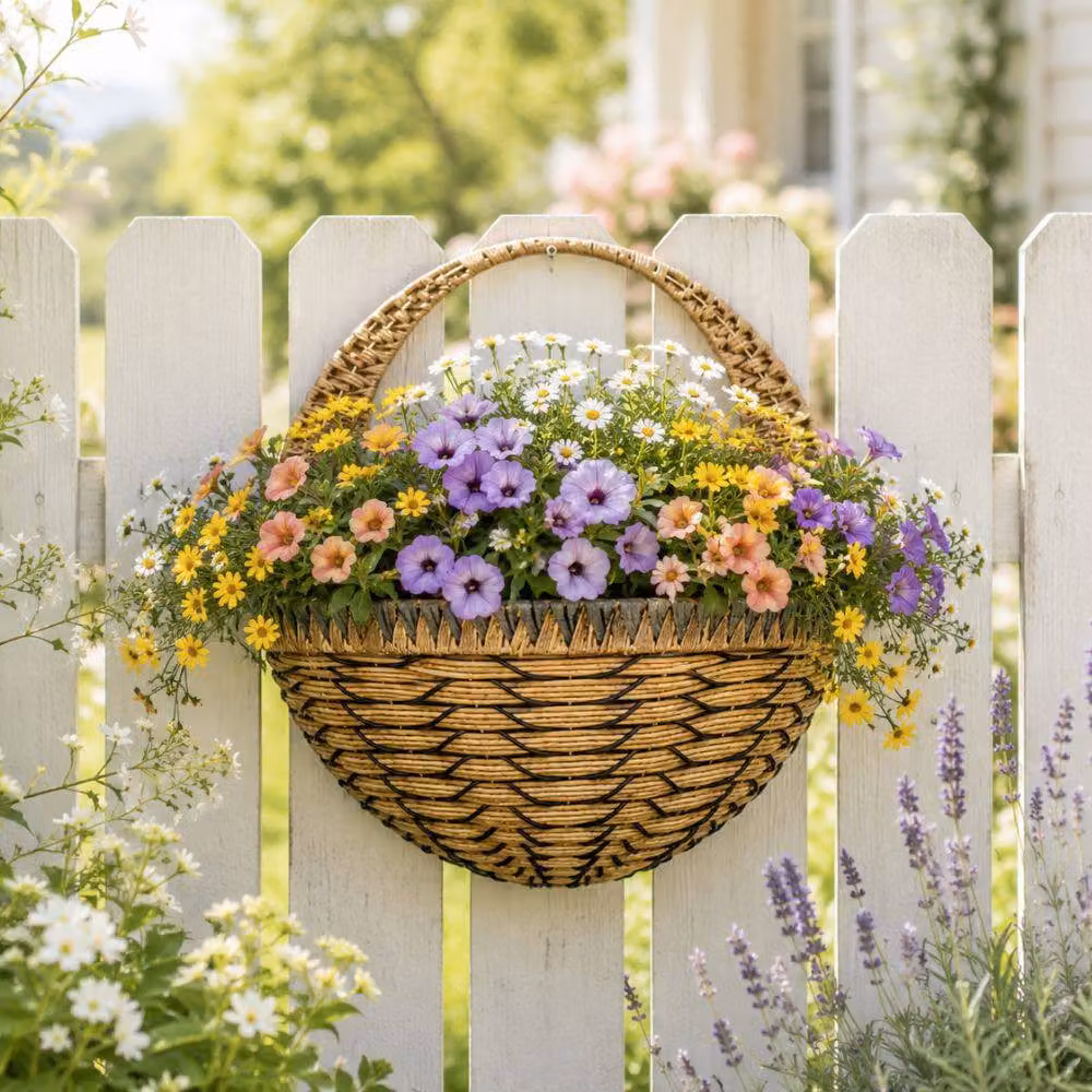 Marco Paul Brown Faux Rattan Hanging Flower Basket Planter, Diameter: 40.64 cm – 5