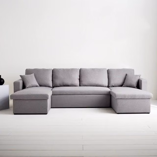 Sweek 4-Seater U-Shaped Fabric Sofa Bed in Light Grey with Pull-Out Drawer and Scatter Cushions