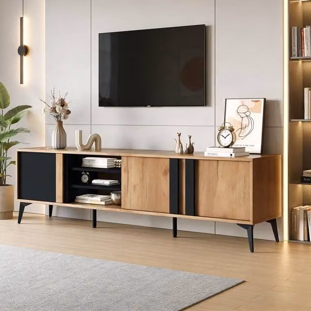 BTM Rustic Brown TV Stand for up to 80 inch TVs with 3 Cabinets, 3 Shelves and Steel Frame