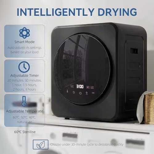 HOMCOM Black Vented Compact Tumble Dryer with 2.5 kg Dry Capacity and Reversible Drum Action – 3