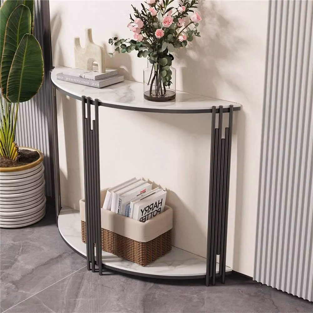 KORVIXA White Marble Half Moon Console Table with Shelf Storage, W/D/H: 100 x 100 x 1 cm – 4