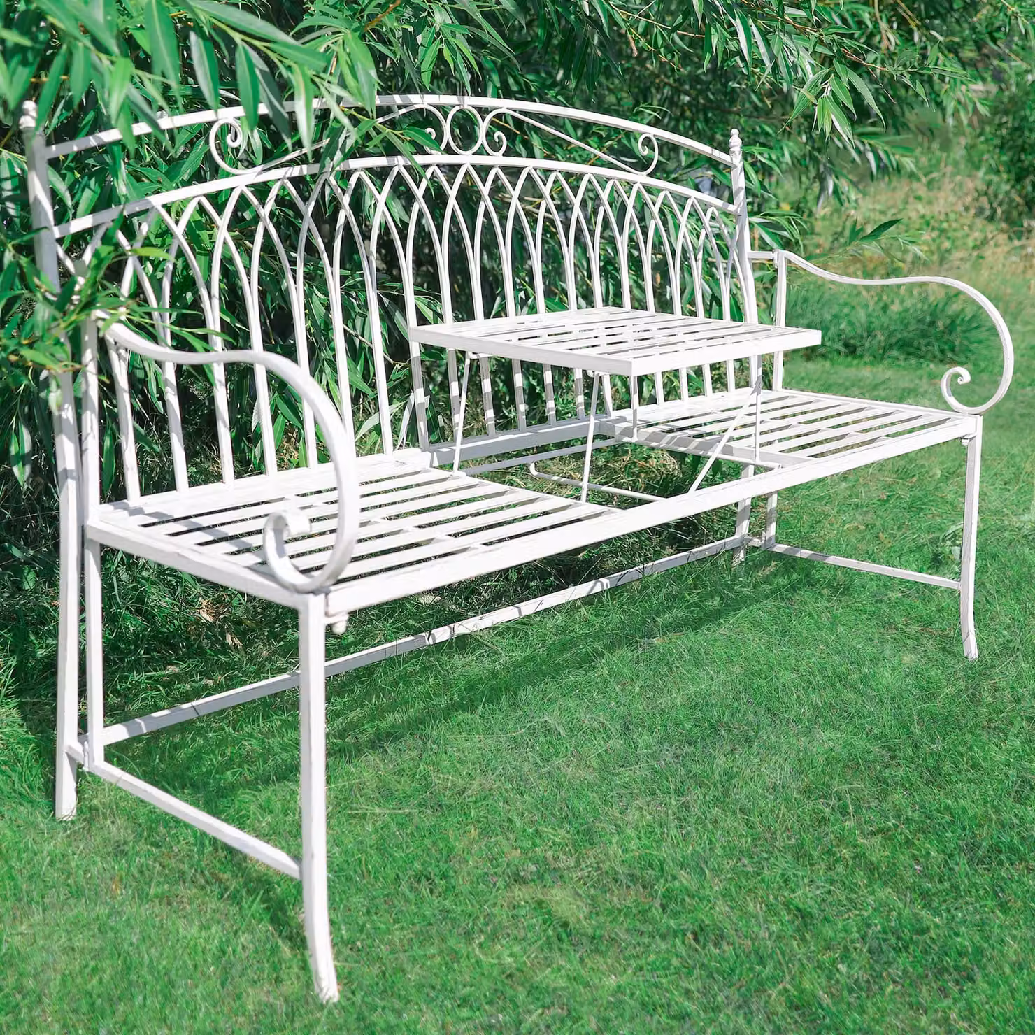 Dibor Vintage Large Cream Arched Metal Garden Companion Seat with Grey Cotton Seat Pad Cushions – 2