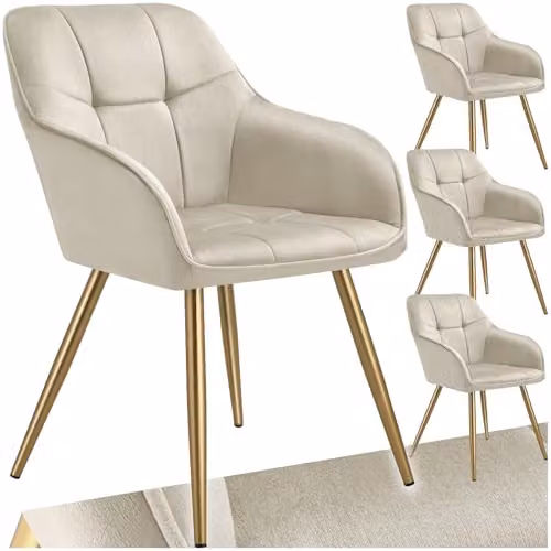tectake Marilyn Set of 4 Dining Chairs with Velvet Fabric and Gold Metal Legs in Cream/Gold – 1