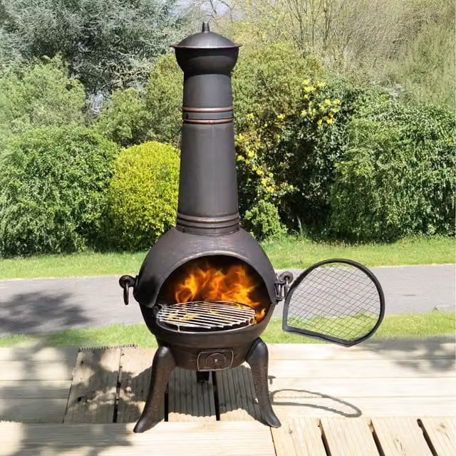 Primrose Cast Iron Chiminea and BBQ Grill in Bronze/Brown, Height: 122 cm