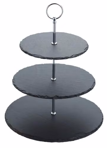Artesa Three Tier Round Slate Cake Stand with Metal Handles in Black and Grey, W: 28.5 cm, D: 28.5 cm, H: 34.5 cm