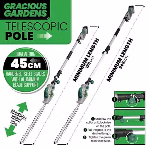 Gracious Gardens 18V 2.4m Telescopic Cordless Reciprocating Hedge Trimmer and Long Reach Pole Cutter in Green with Battery and Charger – 3