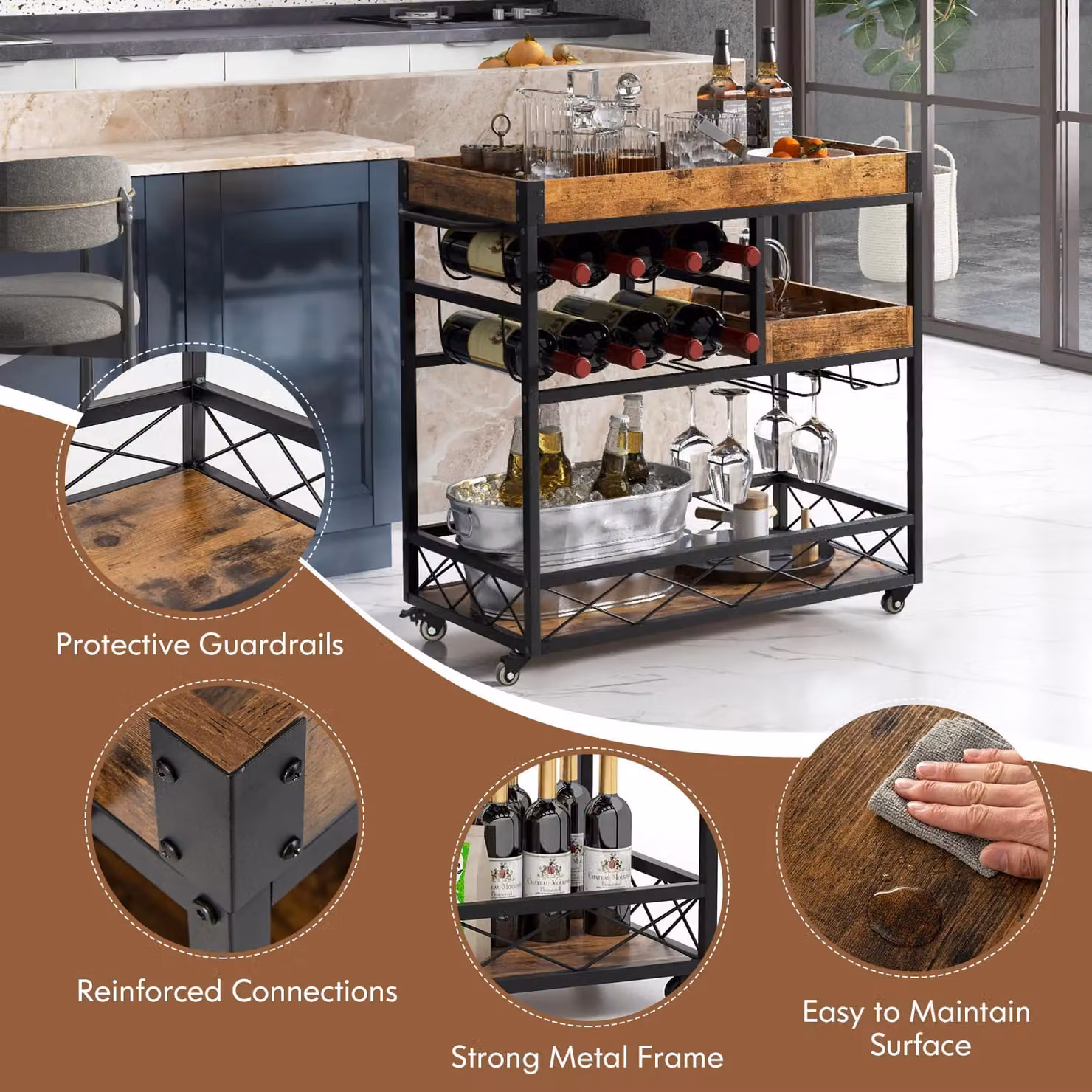 Costway 3-Tier Industrial Kitchen Serving Cart and Rolling Bar Trolley with Wine Rack in Brown – 5