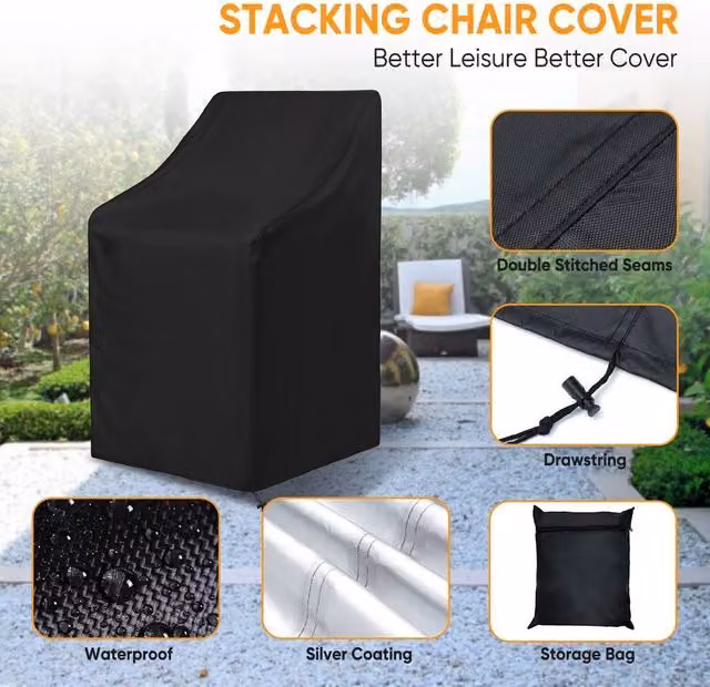 EONLION Waterproof Outdoor Stacking Dining Chair Cover in Black, 100 cm – 1