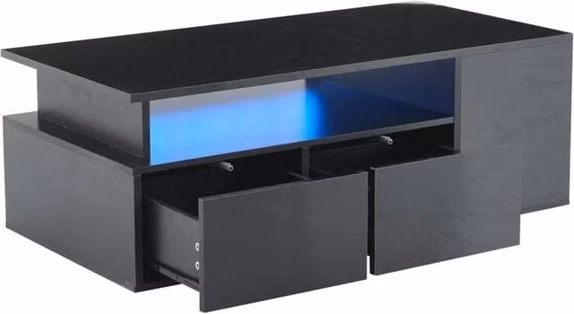 KORVIXA Black Coffee Table with RGB LED Lights and 2 Drawers, W/D/H: 100 x 100 x 35 cm