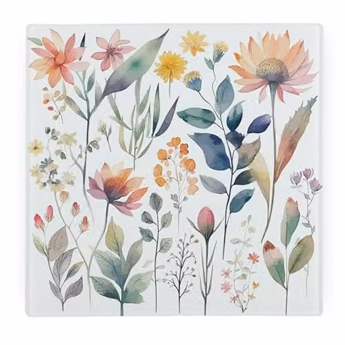 Purely Home Pastel Flowers Large Square Glass Worktop Protector with Non-Slip Feet, W/D: 30 x 30 cm, Multicolour