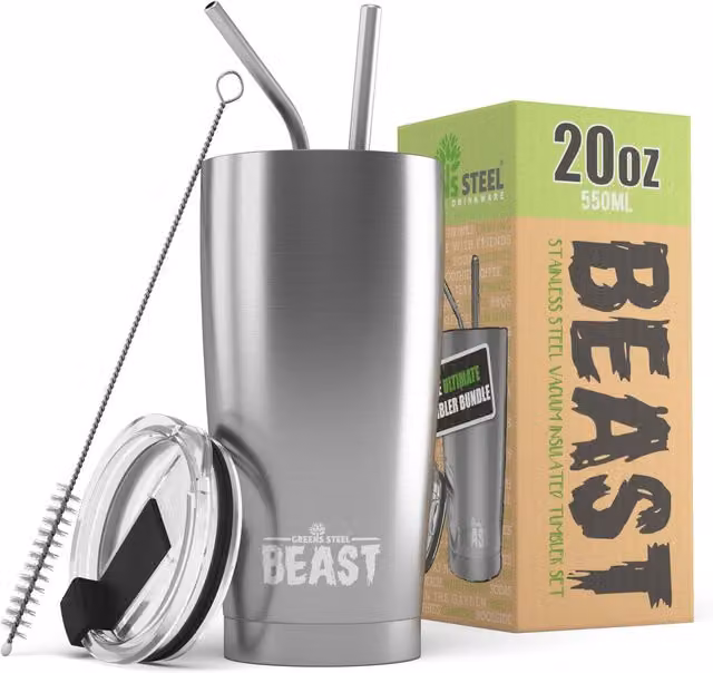 Green Steel 20oz Stainless Steel Double Insulated Coffee Tumbler Travel Mug in Silver