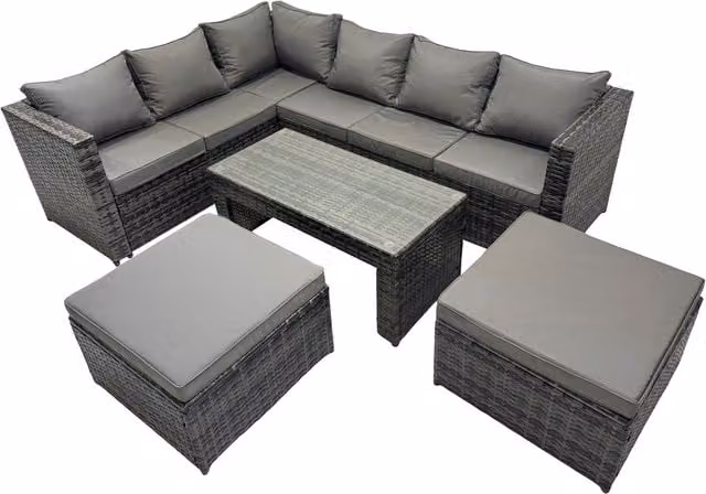Fimous 5-Piece L-Shape PE Rattan Corner Sofa Set with Ottoman and Tempered Glass Coffee Table in Dark Grey