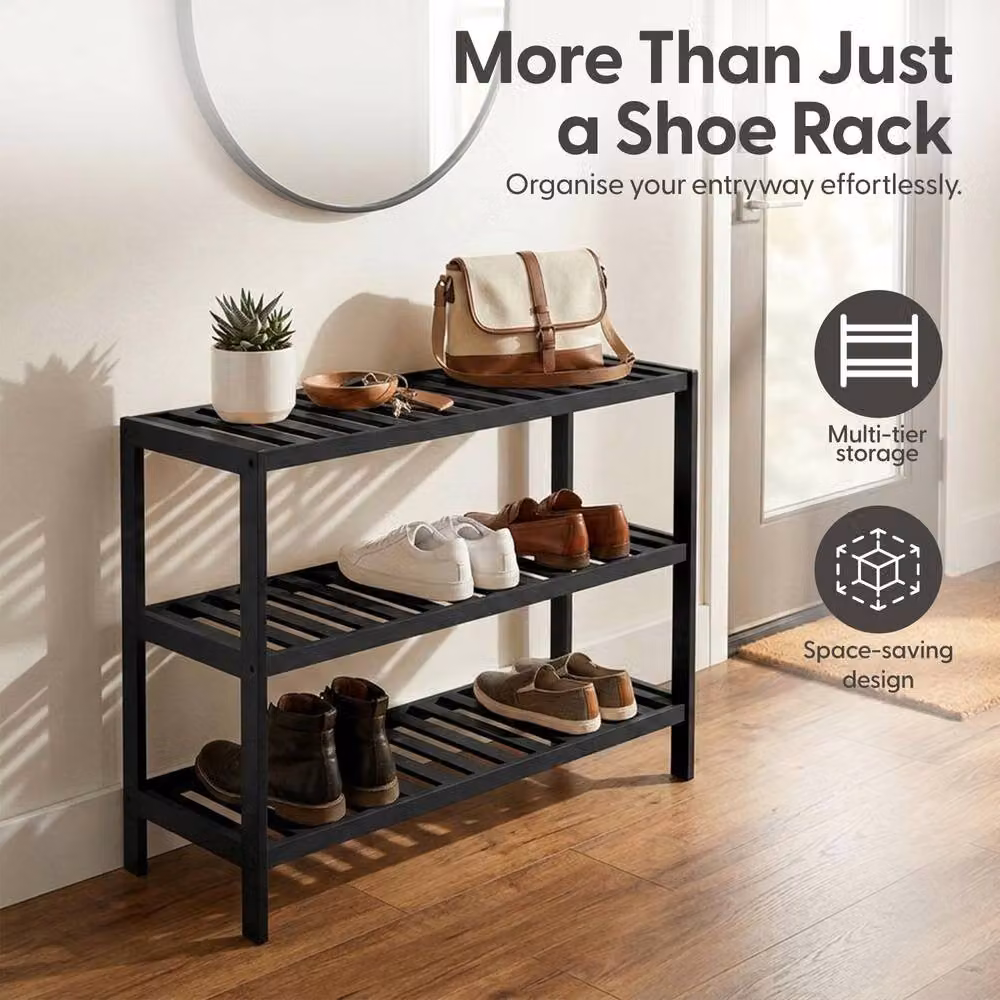 Keplin 3-Tier Bamboo Shoe Rack in Black, Modern Freestanding Wooden Shoe Organiser for Hallways, W/D/H: 70 x 55 x 55 cm – 2