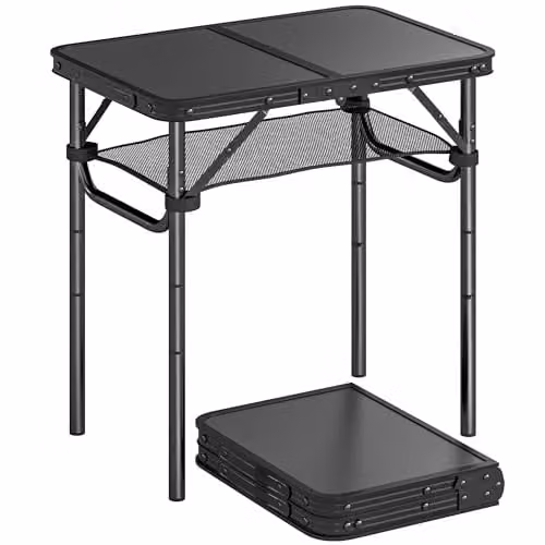 Outsunny Height Adjustable Folding Camping Table with Mesh Storage Layer in Black and Brown, W/D/H: 60 x 60 x 40 cm – 1