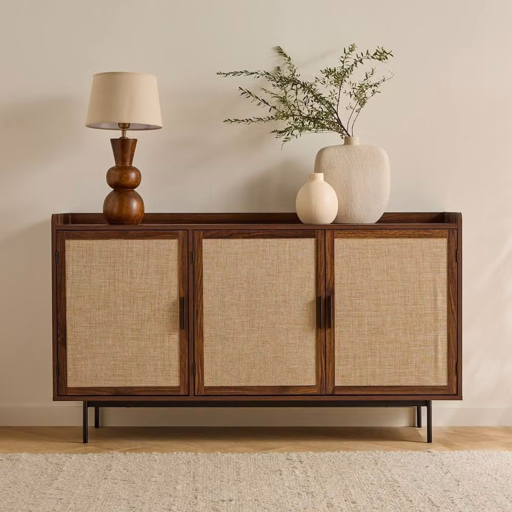 CALICOSY Jetson 3-Door Walnut Sideboard with Fabric Fronts in Dark Brown and Beige – 2