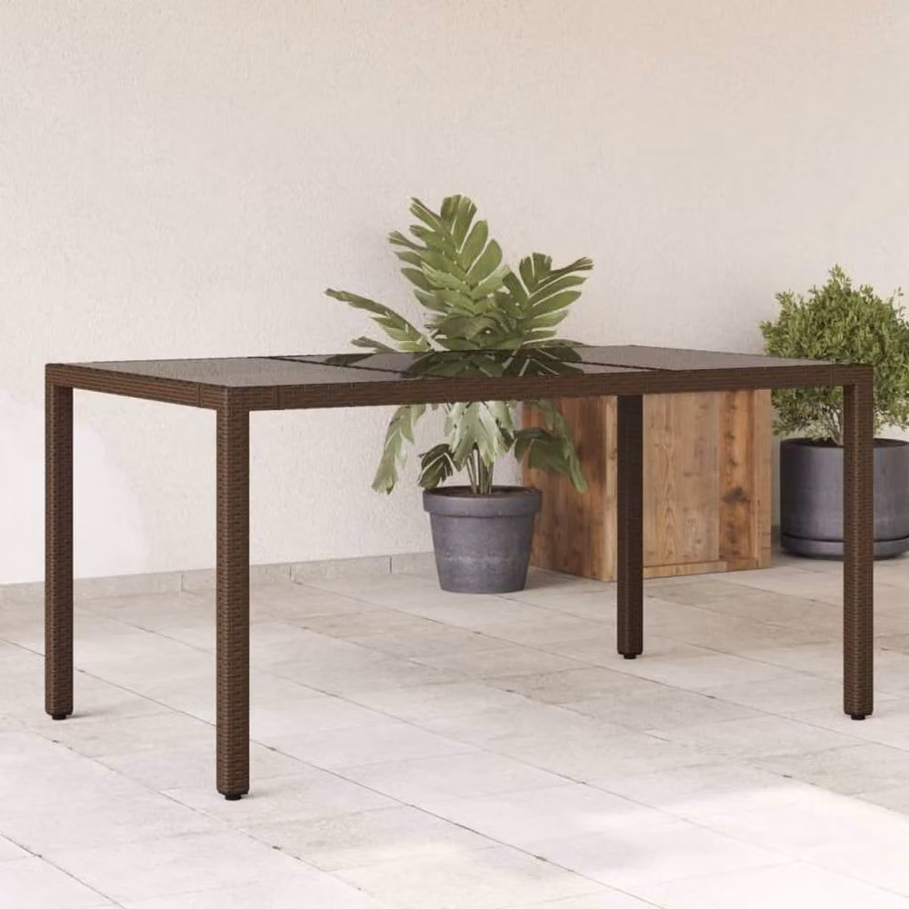 Berkfield Home Brown Poly Rattan Garden Table with Glass Top, W: 150 cm, D: 90 cm, H: 75 cm – 1
