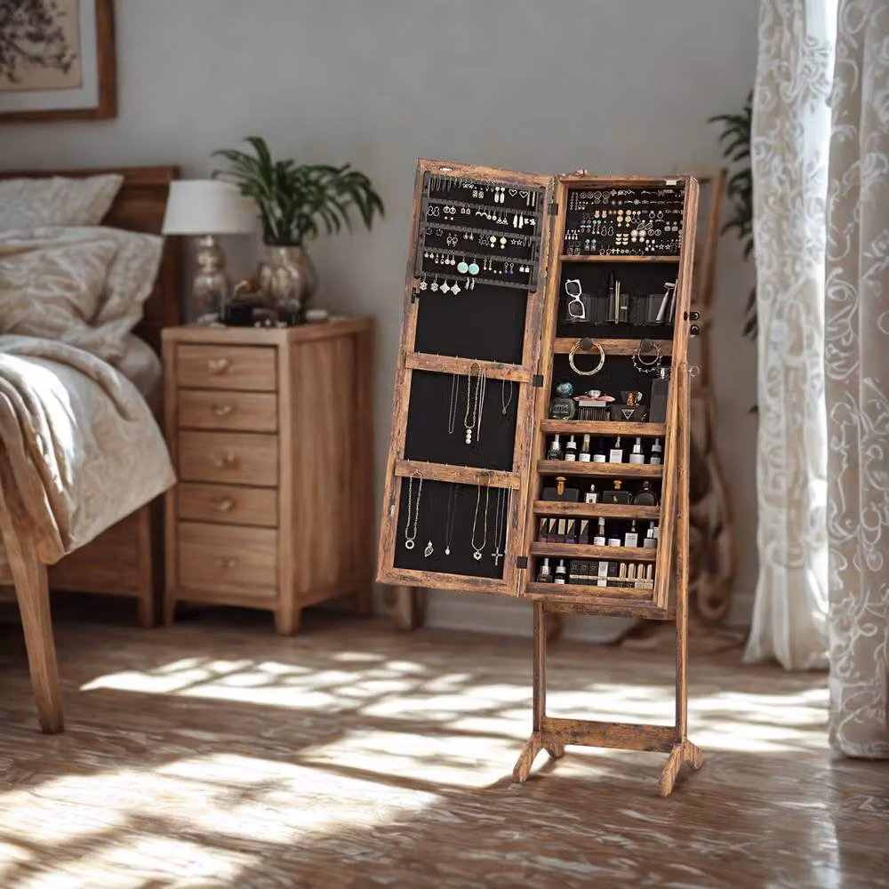 FURNOS Brown Free Standing Jewellery Cabinet with Lockable Mirror and LED Lighting, H: 151.5 cm, W: 46.0 cm, D: 36.5 cm – 4