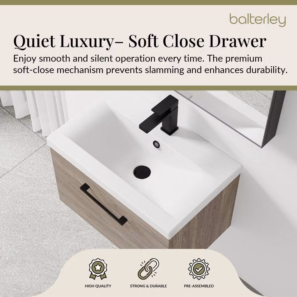 Balterley 600mm Wall Hung 1 Drawer Vanity Basin Unit in Mid Oak with Black Handle – 3
