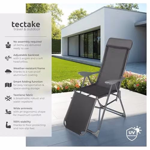 tectake Set of 2 Anthracite Sun Loungers with Adjustable Backrest, Footrest and Armrests featuring Powder Coated Aluminium Frames and Textilene Fabric – 3