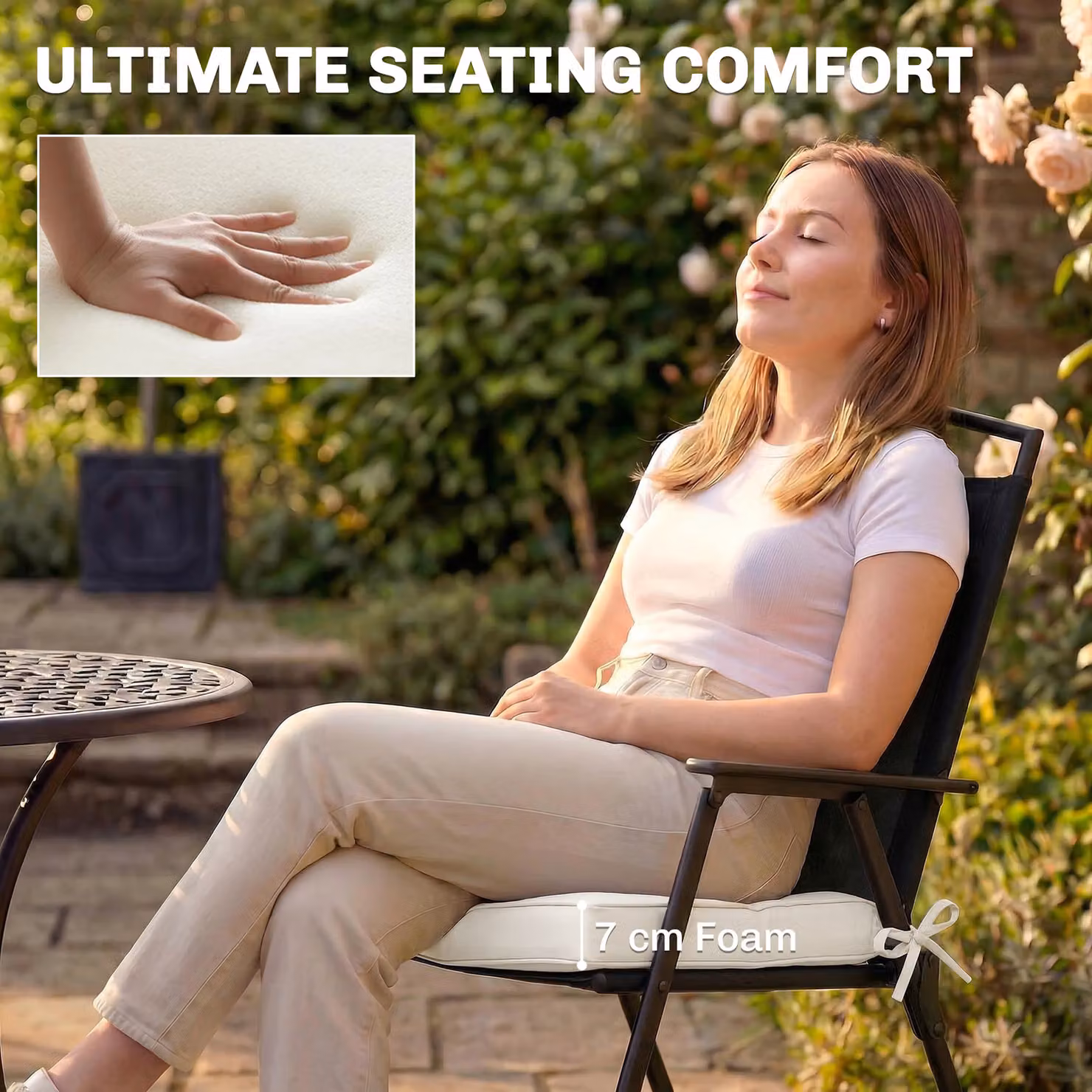 Outsunny Set of 2 Outdoor Chair Seat Cushions in Cream White with 7cm Thick Foam and Ties – 3