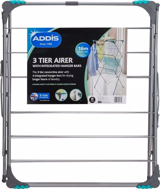 Addis Three Tier Foldable Metal Airer with Hooks in Silver