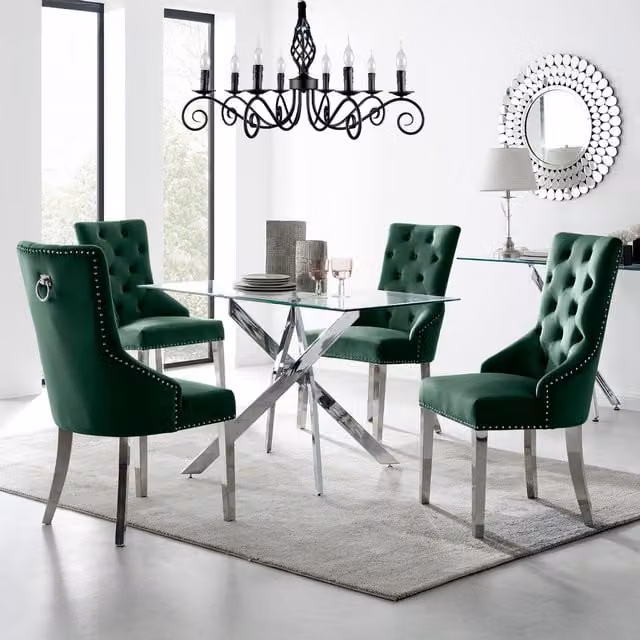 FurnitureboxUK Leonardo 4 Modern Rectangular Glass Dining Table and 4 Belgravia Chairs in Green